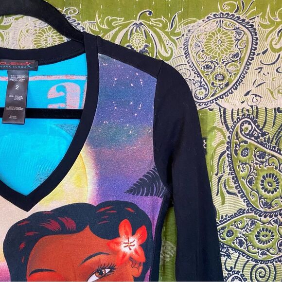 Rare Y2K Custo Barcelona Colorful Contrast Aloha Print Long Sleeve Top Size 2 - Picture 6 of 13